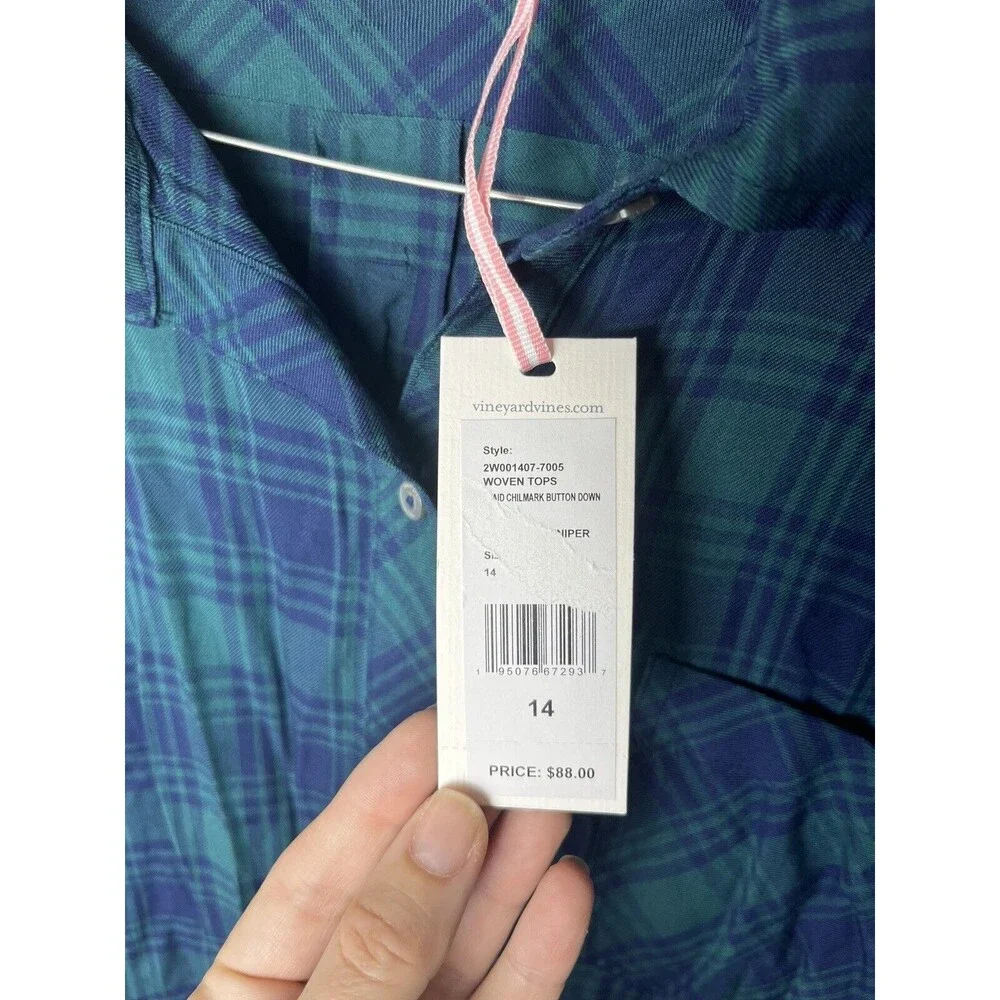 Vineyard Vines Womens Woven Shirt Navy And Green Plaid Sz 14 Long Sleeve
